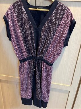 DKNY Black and Pink Printed V-Neck Midi Dress